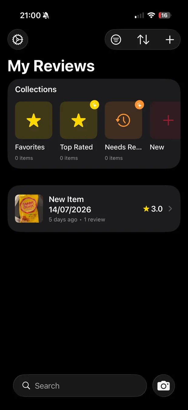 RateBud My Reviews screen with Favorites, Top Rated and Needs Review collections.