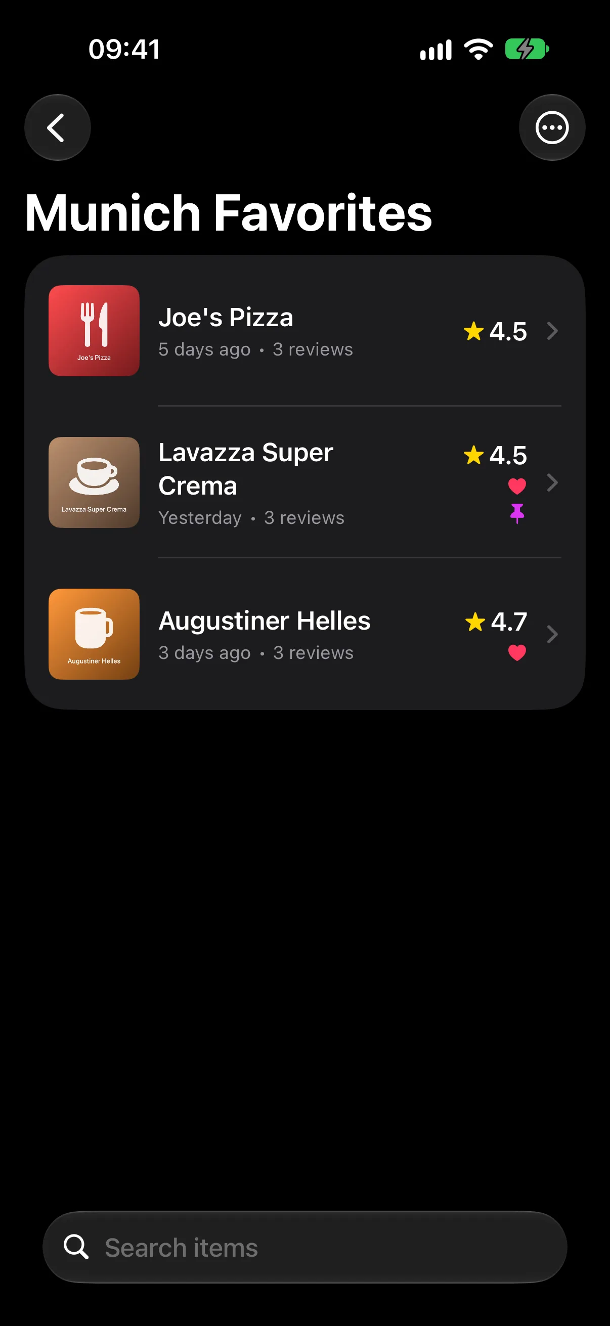 The Munich Favorites collection listing Joe’s Pizza, Lavazza Super Crema and Augustiner Helles with their ratings.