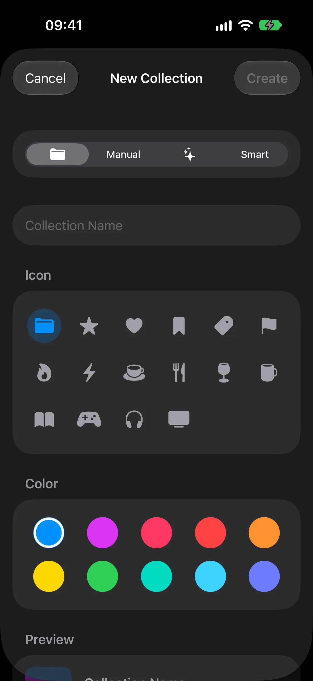 The New Collection sheet with a name field, an icon grid, and a colour picker.