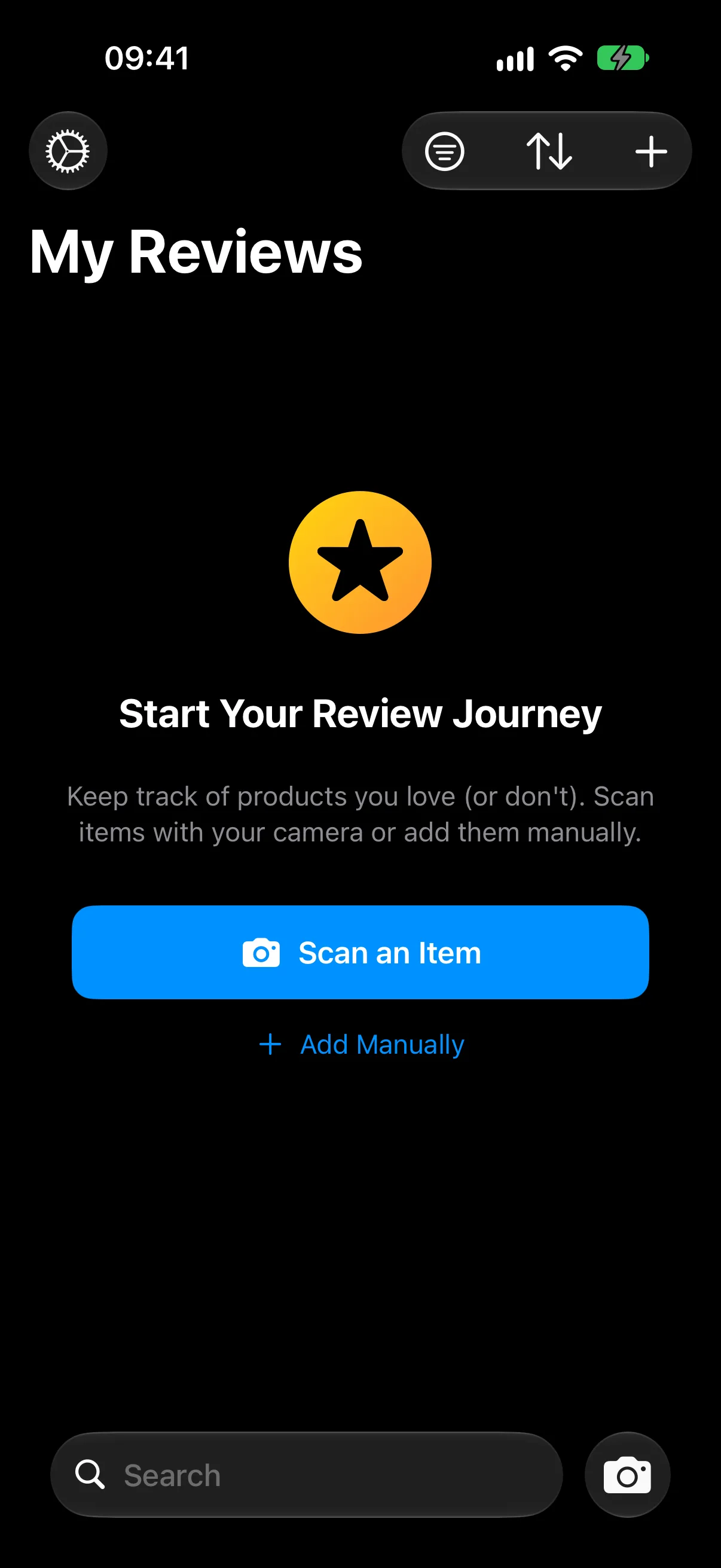 RateBud on a fresh install, offering Scan an Item or Add Manually.
