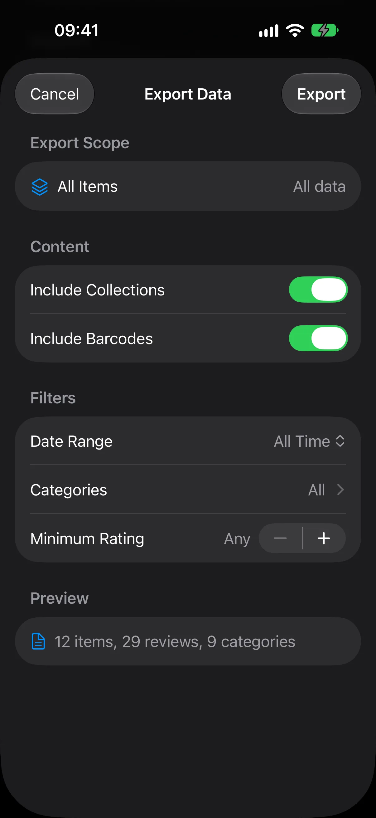 The Export Data sheet with scope, content toggles, date, category and rating filters, and a preview of what will be exported.