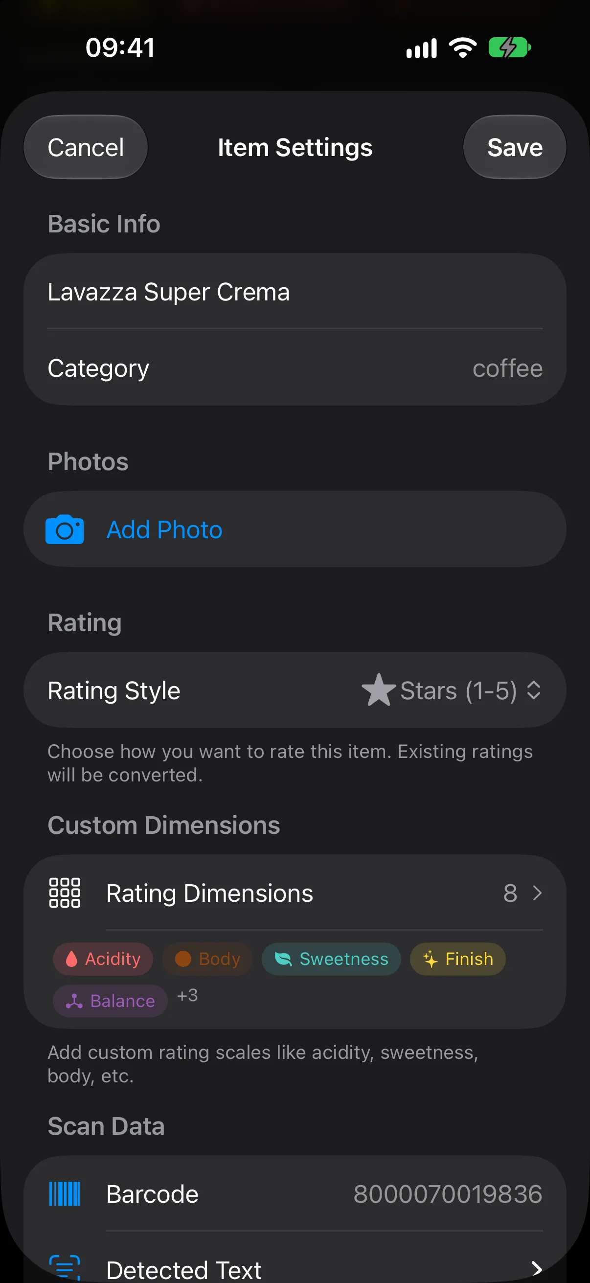 The Item Settings sheet showing rating style, eight custom dimensions as coloured chips, and scanned barcode data.