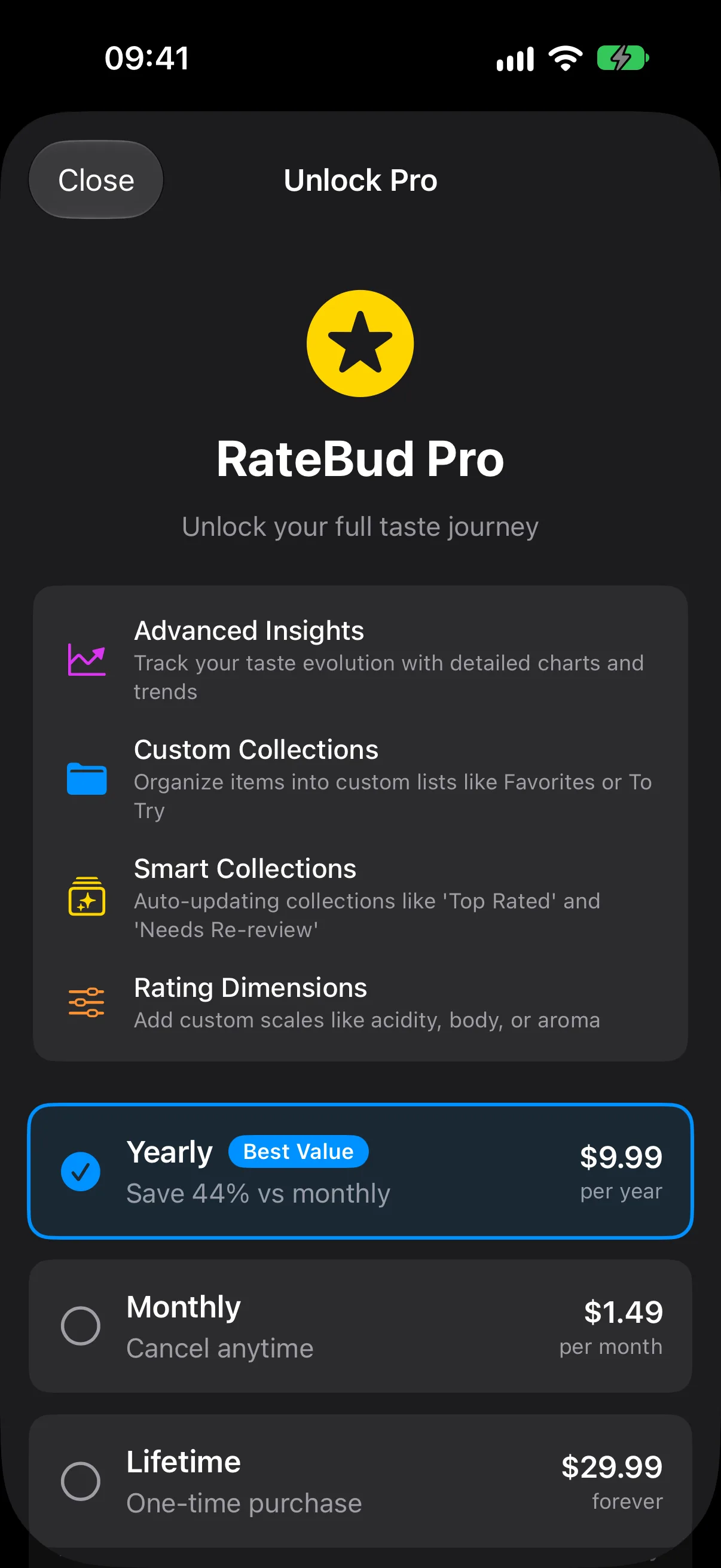 The RateBud Pro screen listing Advanced Insights, Custom Collections, Smart Collections and Rating Dimensions above the yearly, monthly and lifetime options.