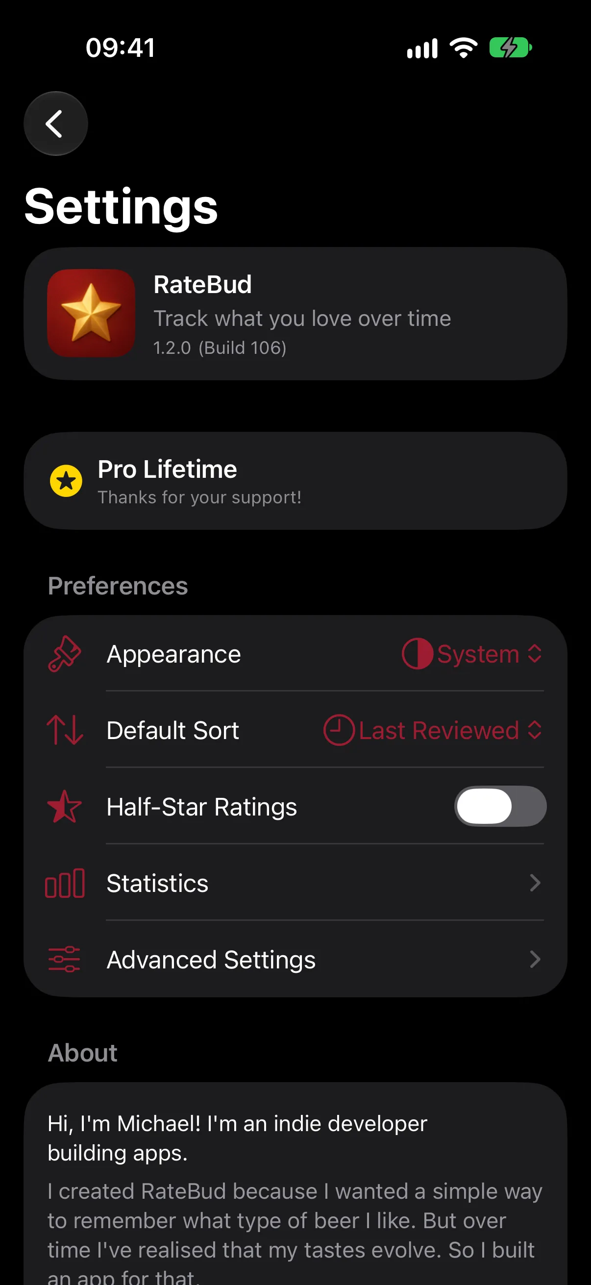 RateBud Settings showing a Pro Lifetime badge reading 