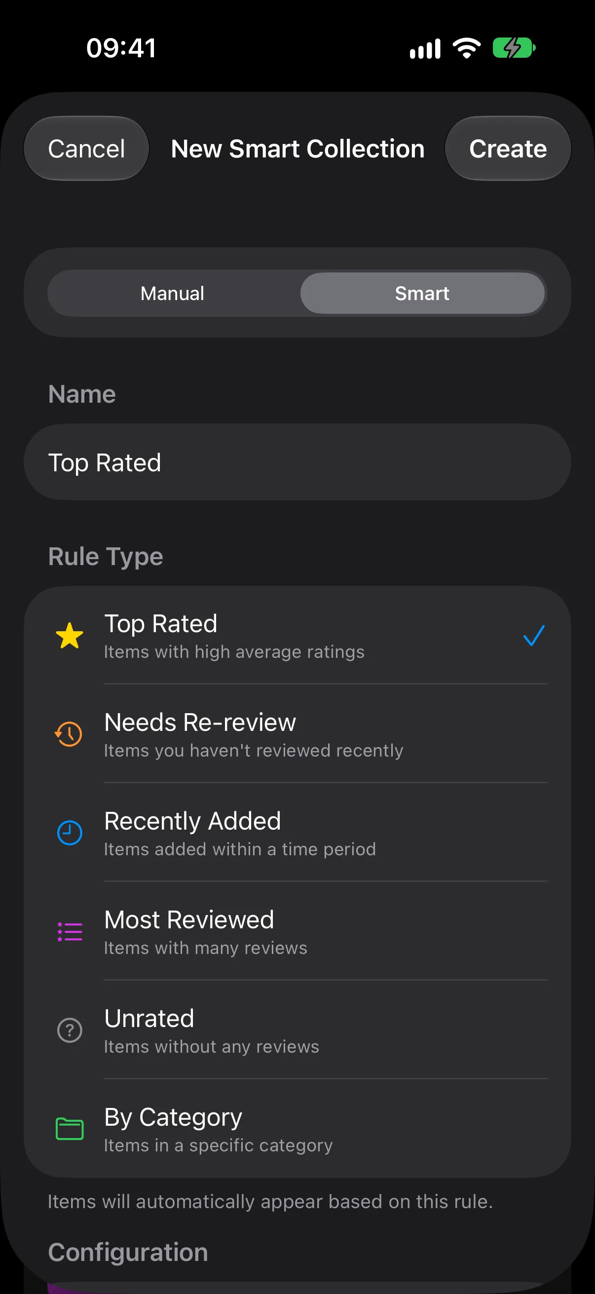 The New Smart Collection sheet listing rule types: Top Rated, Needs Re-review, Recently Added, Most Reviewed, Unrated and By Category.