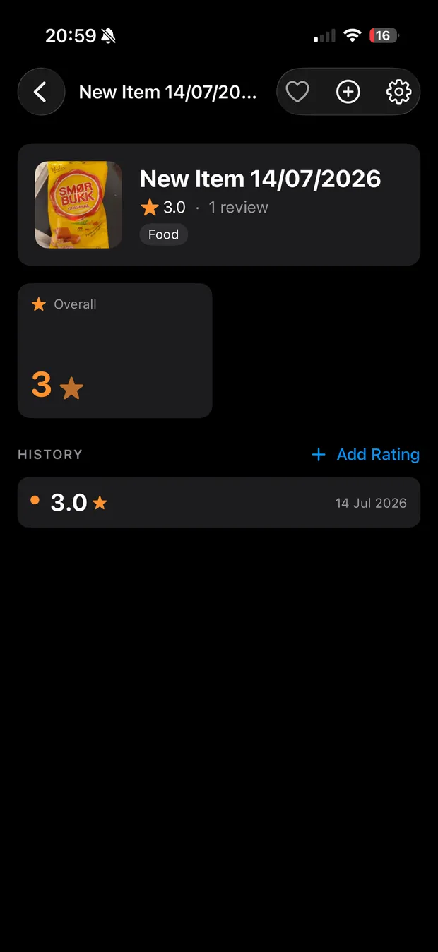 RateBud item screen showing a scanned product with a 3-star rating and its review history over time.