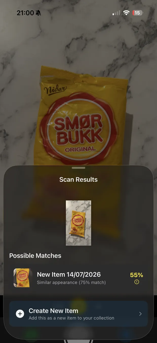 RateBud scanning a product with the camera and showing possible matches to review.